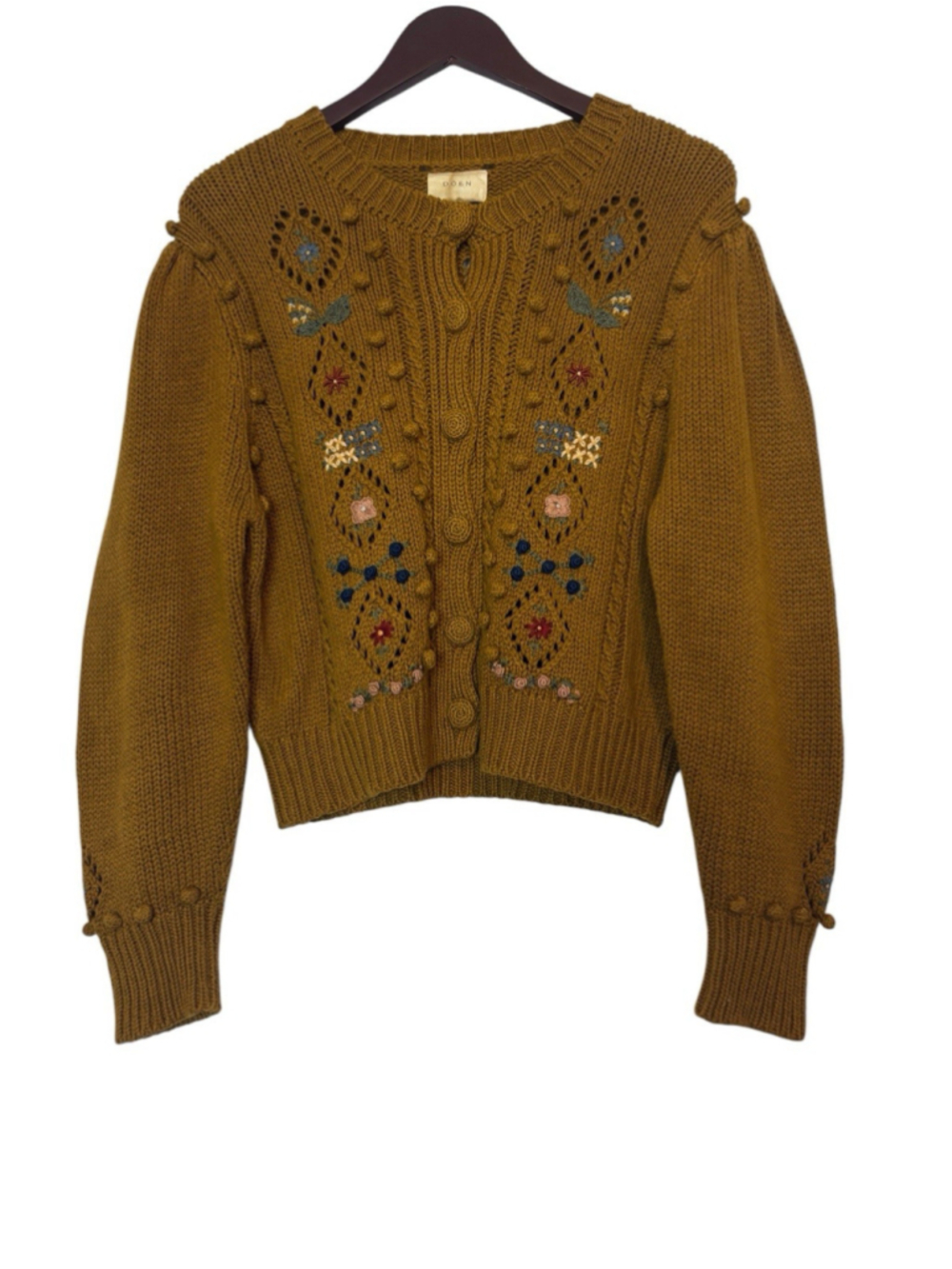 RARE DÔEN Forget Me Not Embroidered Floral Bobble Knit Cardigan Sweater Tan XL - Picture 6 of 14